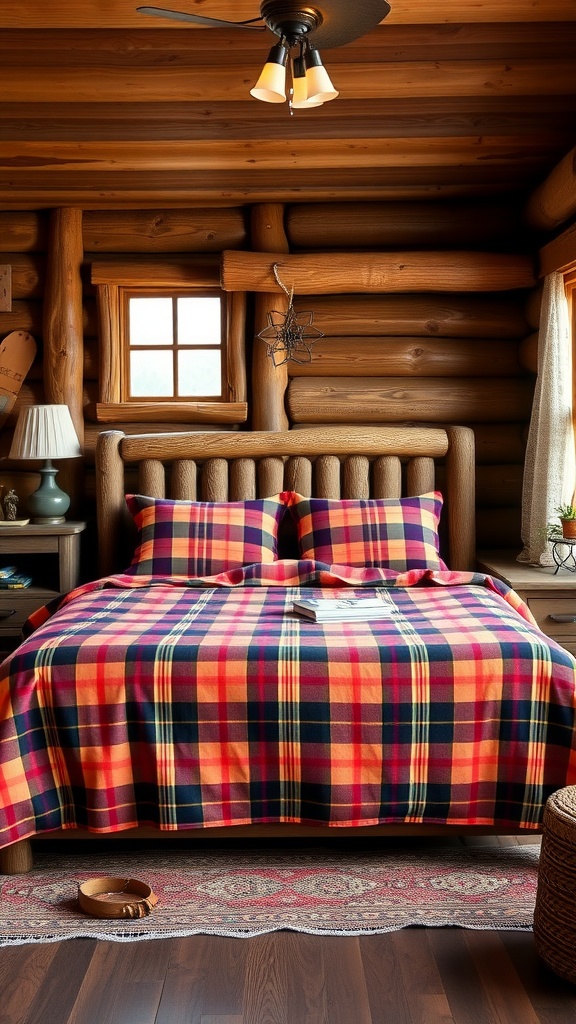 A cozy western bedroom featuring plaid bedding in red, orange, and navy colors on a wooden bed.