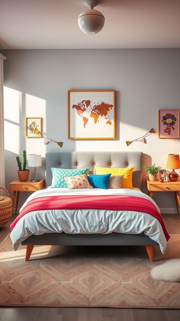 A colorful and cozy bedroom featuring a bed with bright pillows, framed wall art, stylish lamps, and a touch of greenery.