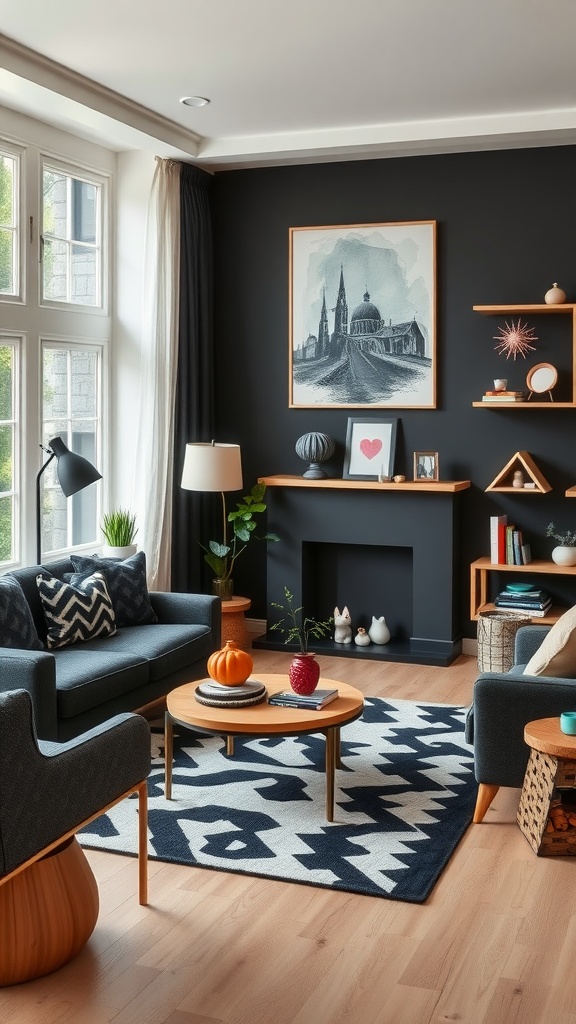 A stylish black living room featuring geometric patterned rug, dark blue sofas, and playful decor