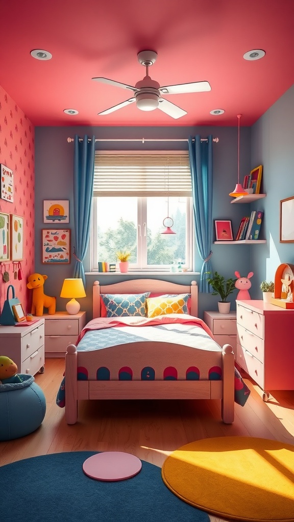 A colorful and playful kids' room featuring a pink ceiling, blue walls, and a cozy bed decorated with bright pillows and a vibrant rug.