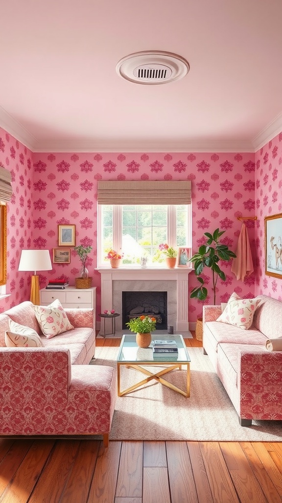 A playful pink living room with floral wallpaper, a pink sofa, and vibrant artwork.