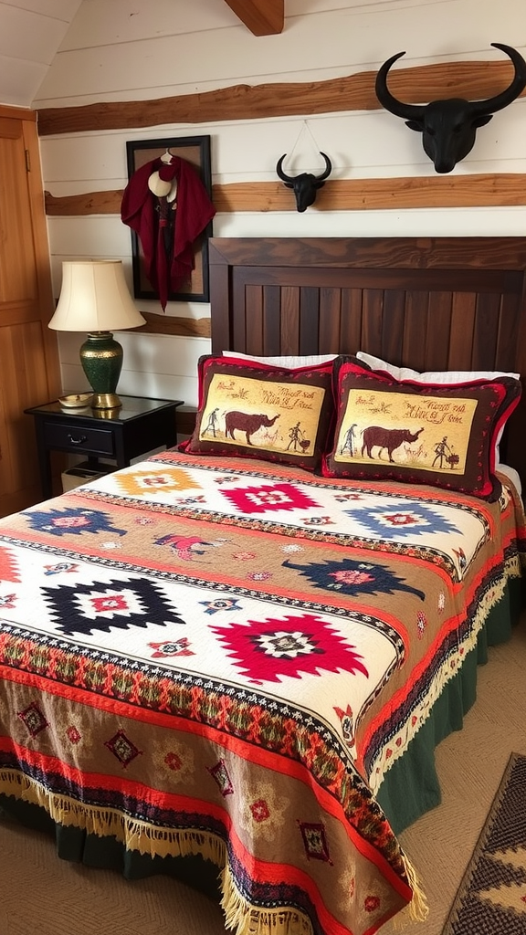 A cozy bedroom featuring a quilted blanket with southwestern patterns on a wooden bed.