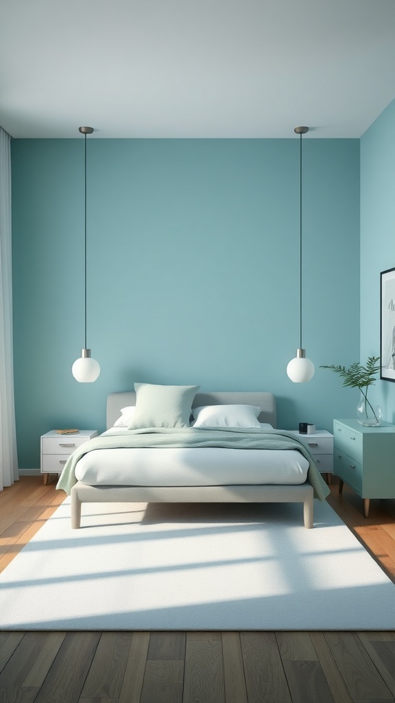 Bedroom with a light blue color palette, featuring a bed with soft bedding, pendant lights, and wooden flooring.