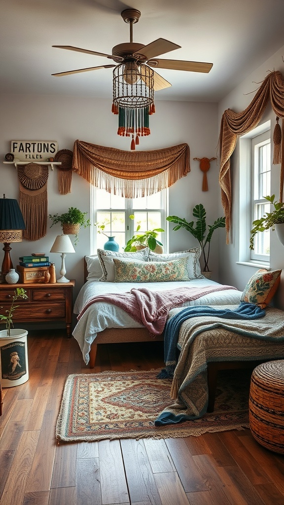 A cozy boho bedroom featuring vintage decor and plants.