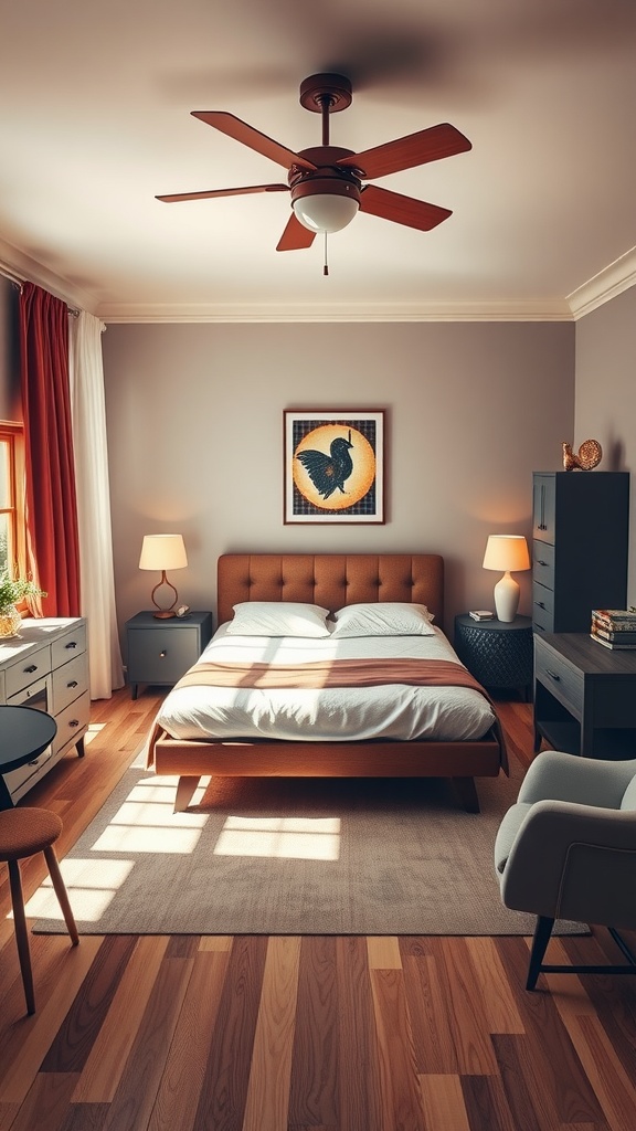 A vibrant retro styled bedroom with blue walls, a pink bed frame, floral bedding, and mid-century furniture.