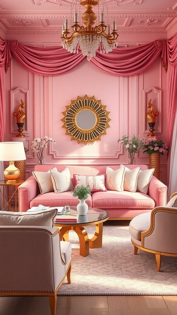 A beautifully decorated pink living room with gold accents, featuring a pink sofa, elegant chandelier, and decorative elements.