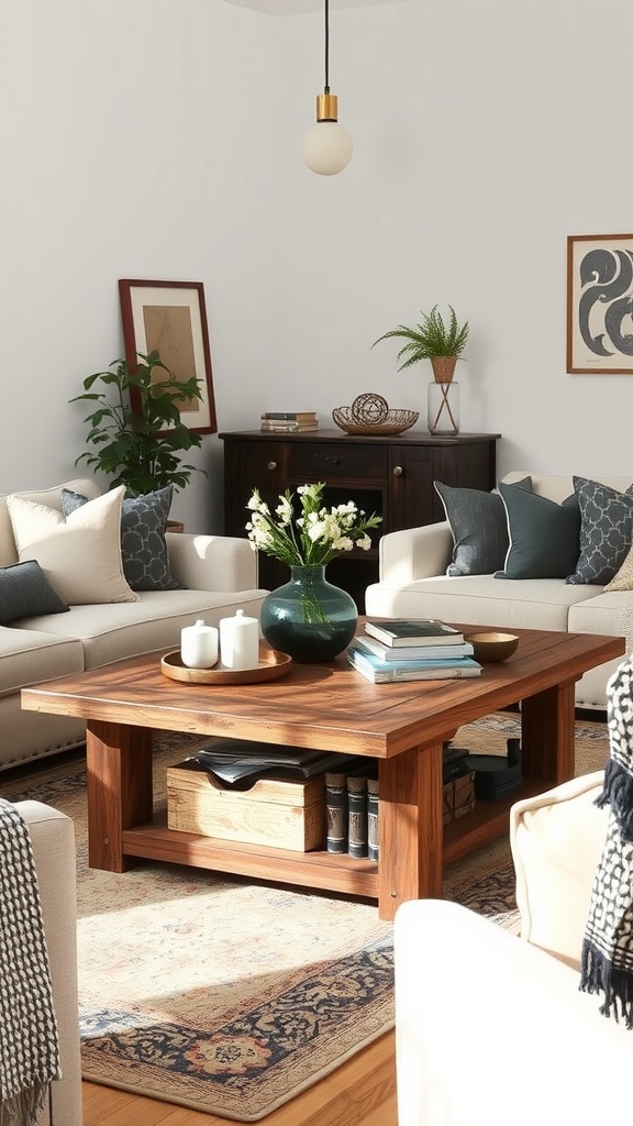 Cozy living room featuring a rustic coffee table, soft seating, and warm decor.