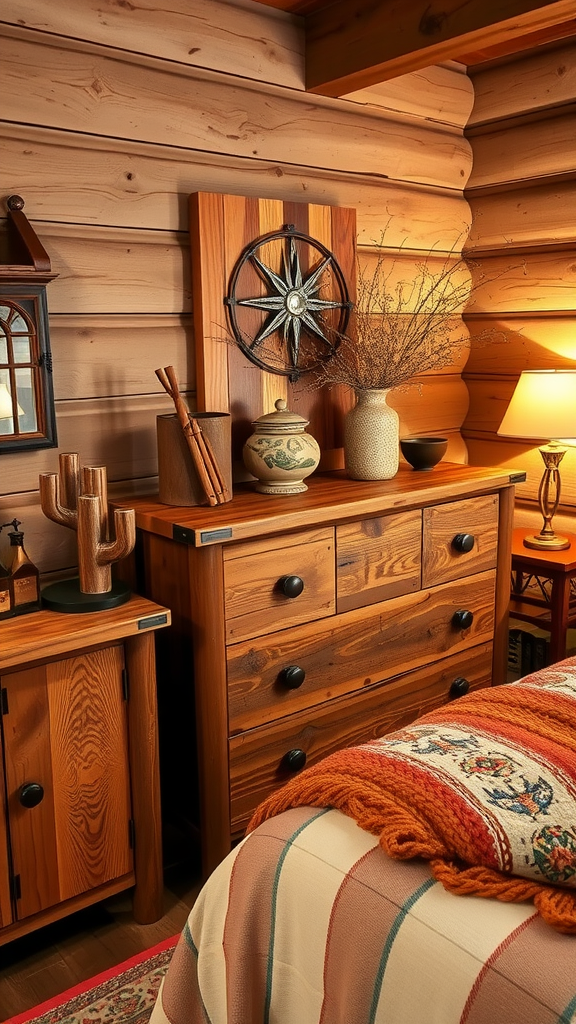 A wooden dresser and nightstand in a rustic bedroom with natural wood walls.