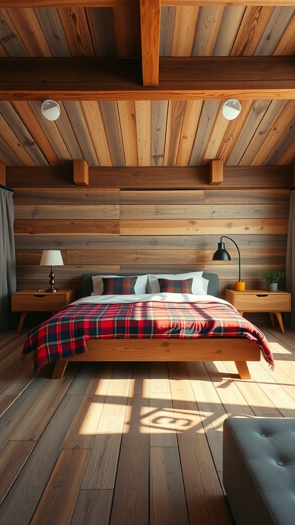 A rustic farmhouse bedroom featuring wooden walls, a simple bed with a plaid blanket, and a warm, inviting atmosphere.