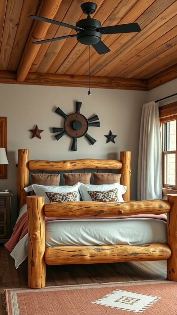 A cozy bedroom featuring a rustic log bed frame with soft linens and wooden decor