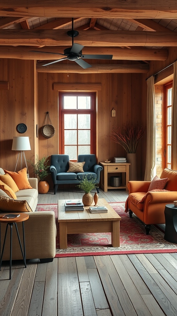 A rustic living room featuring orange furniture accents, wooden walls, and a cozy atmosphere.