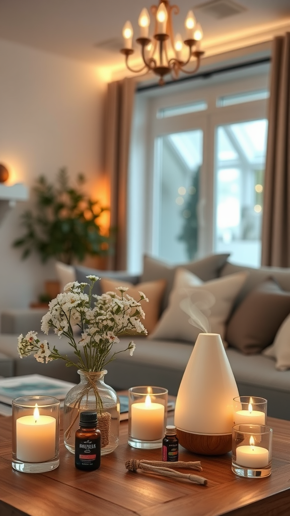 Cozy living room with scented candles and essential oils on a coffee table