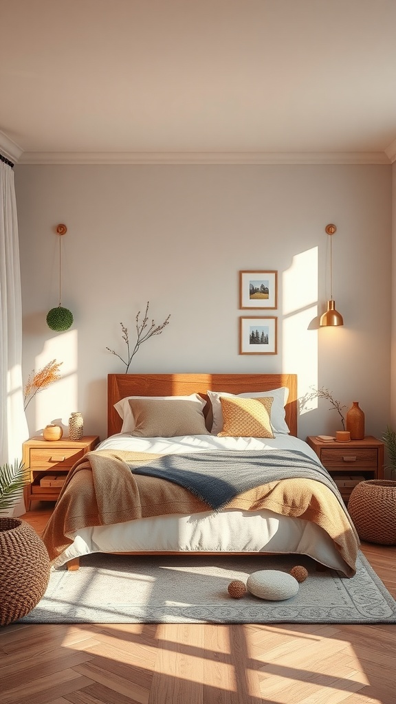 Cozy bedroom with warm tones, plants, and natural decor