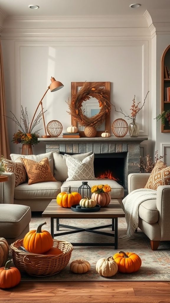 Cozy cottage living room decorated for fall with pumpkins and warm tones