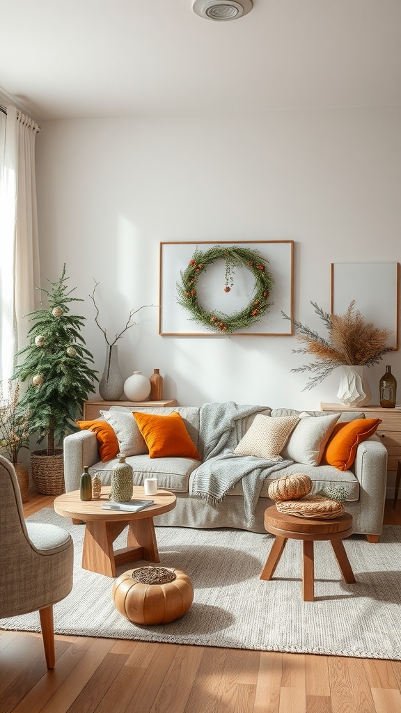 Cozy green living room decorated for the season with natural materials, warm orange accents, and greenery.