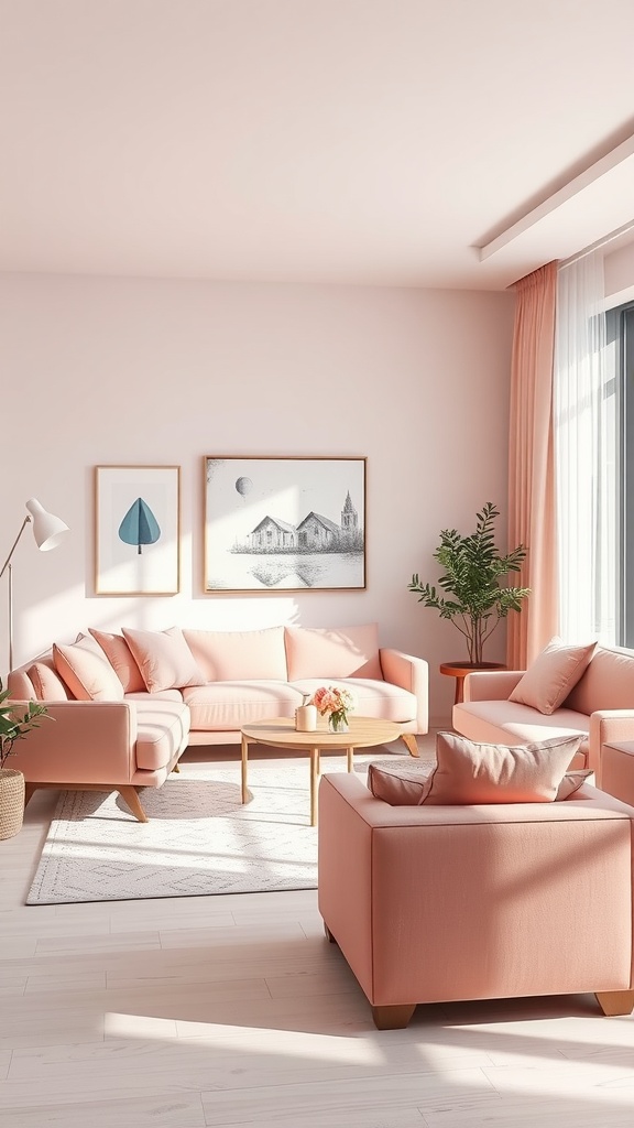 A minimalist pink living room with soft pink furniture, a round coffee table, and minimal decor.