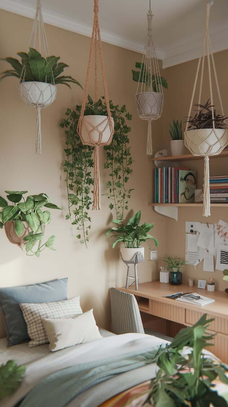 Several hanging plant holders adorn the small bedroom, adding a touch of greenery and natural beauty to the cozy space