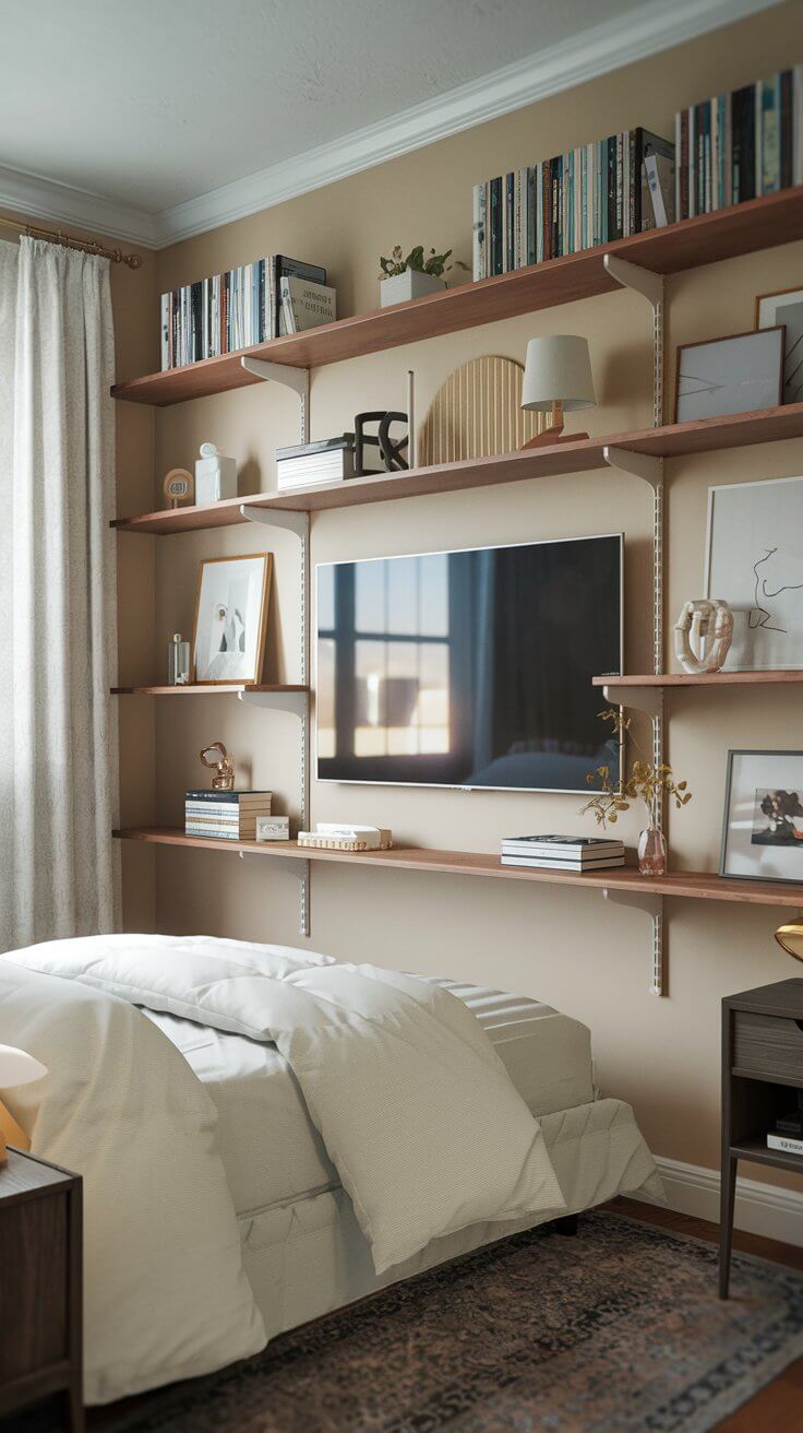 A small bedroom with a wall-mounted TV surrounded by shelves and decor