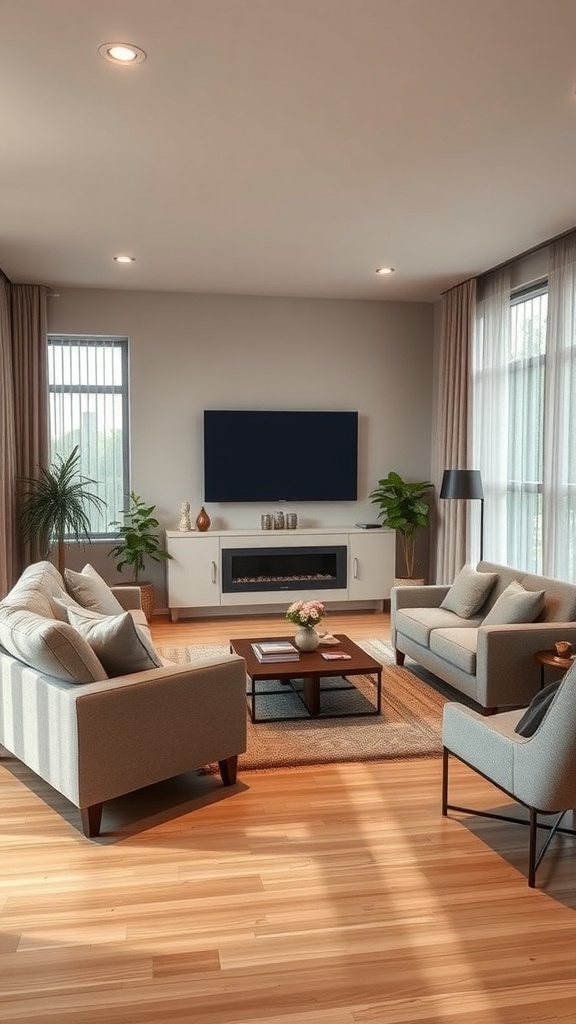 A modern living room with a smart TV, comfortable seating, and plants, showcasing smart home integration.