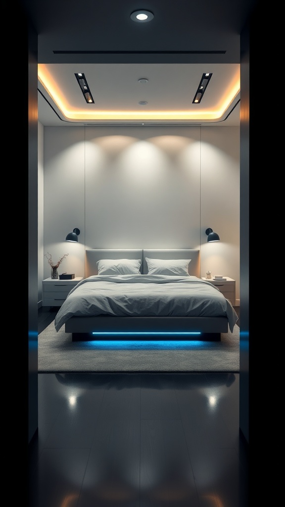 Modern bedroom with smart technology, featuring a sleek bed, digital bedside display, and stylish lighting.