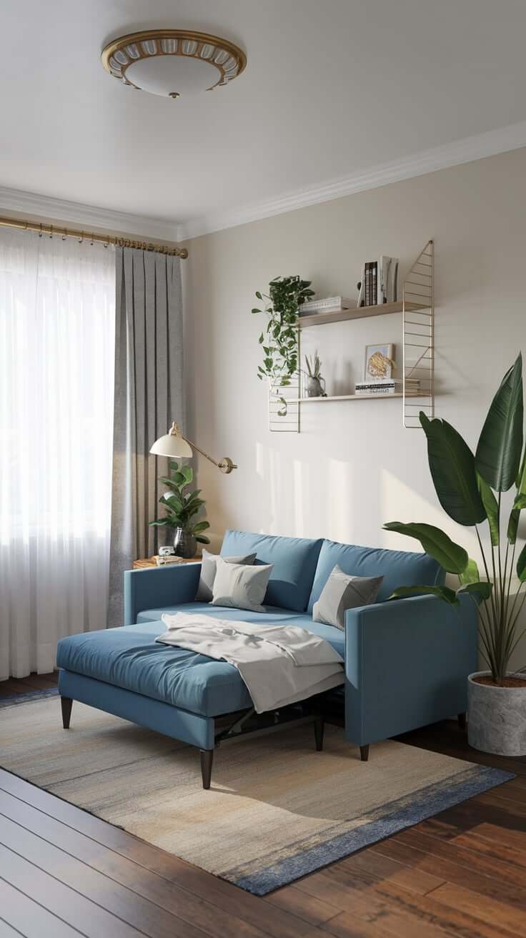 A convertible sofa in a small bedroom, surrounded by creative storage solutions and multi-functional furniture