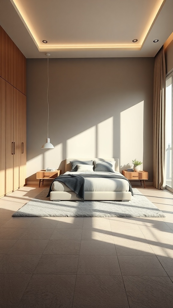 A cozy bedroom with soft flooring and natural light.