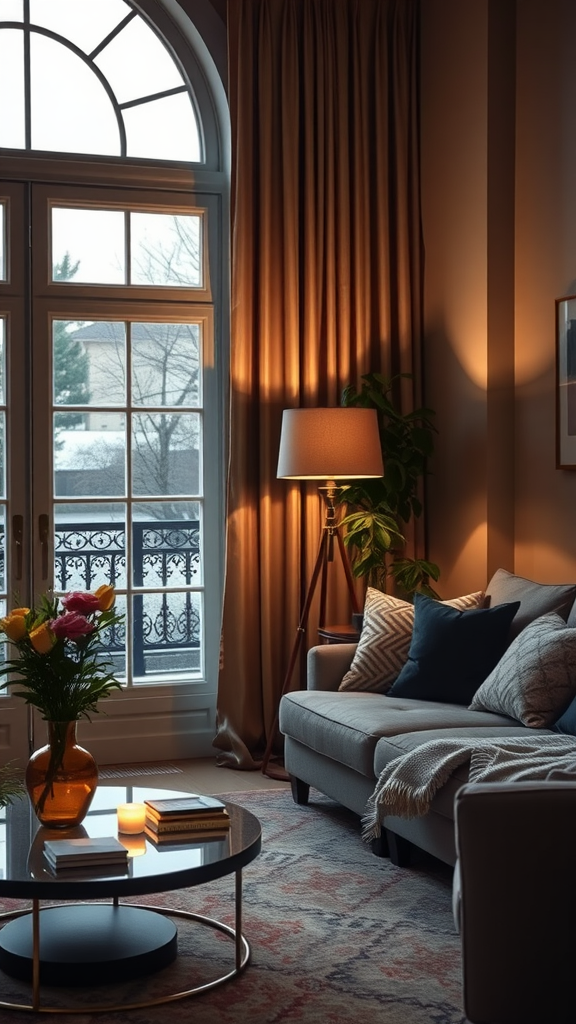 A cozy living room featuring a floor lamp and soft lighting.