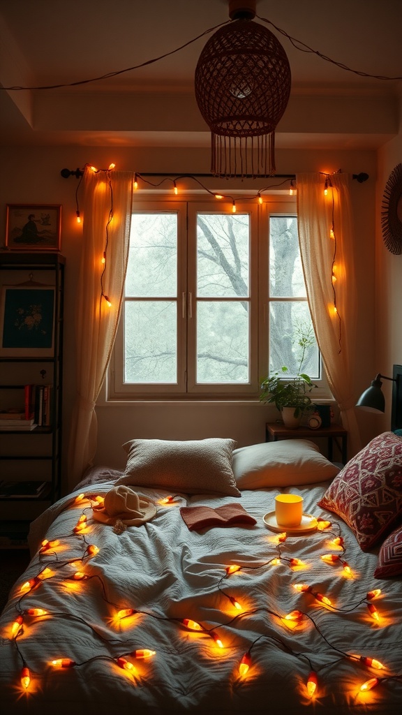 A cozy bedroom adorned with string lights creating a warm and inviting atmosphere.