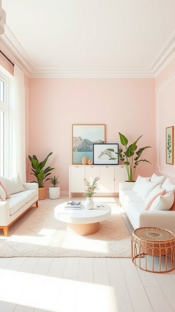 A soft pink living room with white furniture, showcasing a cozy and modern design with green plants.