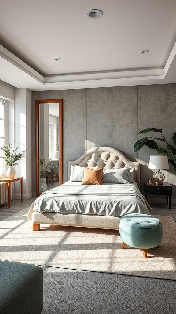 A sophisticated bedroom with a neutral color palette, featuring a stylish bed, large windows, and elegant decor.