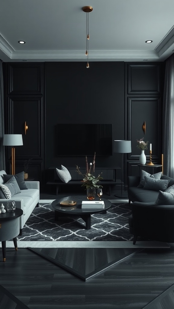 A modern living room with black walls, gray sofa, and elegant decor