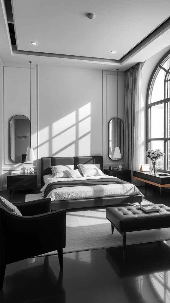 A monochrome styled bedroom featuring a bed with white linens, dark furniture, large windows, and soft textures.