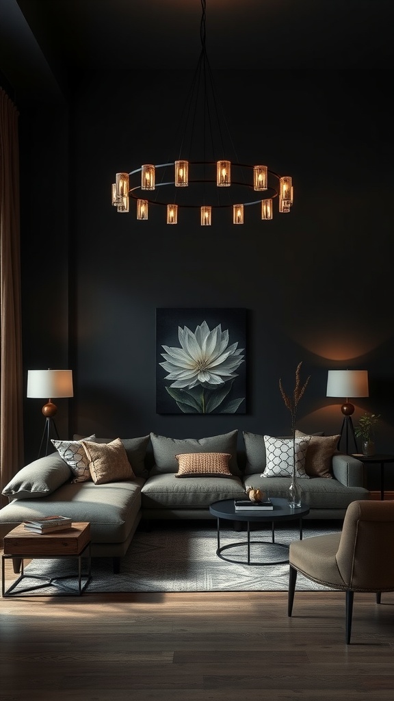 A dark earthy living room featuring a striking chandelier, cozy seating, and decorative elements.