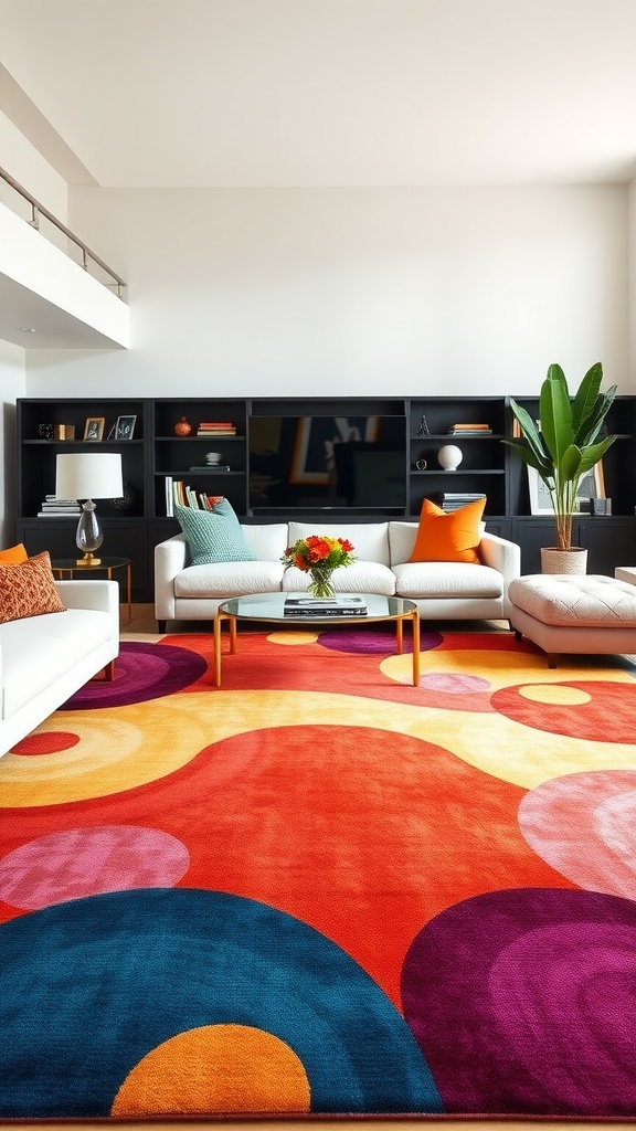 A colorful abstract rug in a modern living room with white sofas and a stylish coffee table.