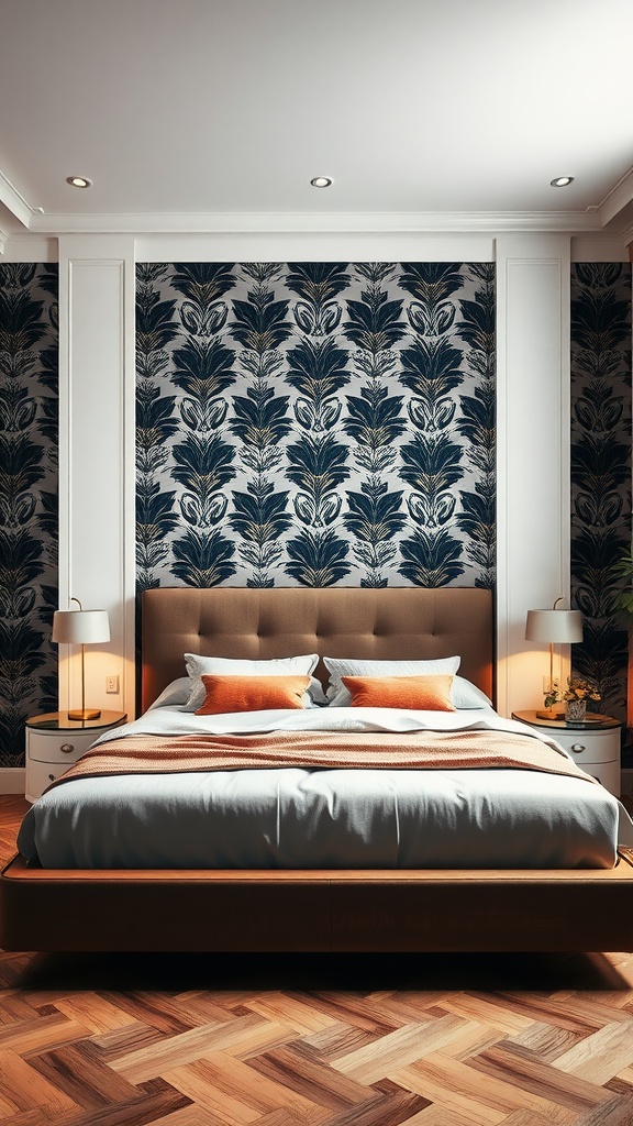 A stylish bedroom with a bold floral wallpaper feature wall and warm lighting.