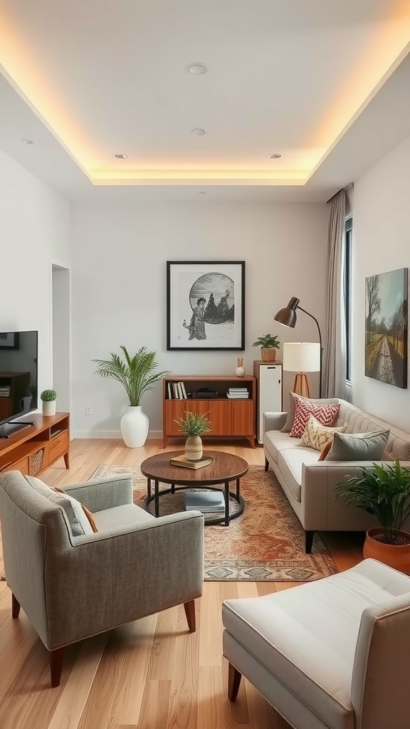 Small living room with strategically placed furniture, including a light gray sofa, round coffee table, and plant.