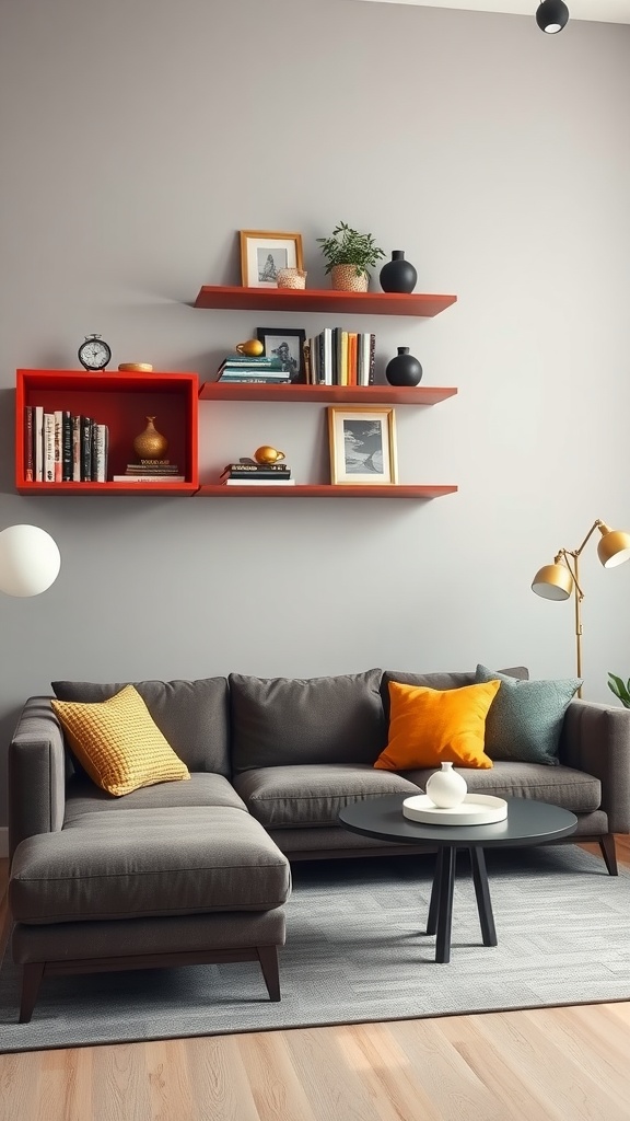 A living room with striking red wall shelves showcasing books and decorative items.