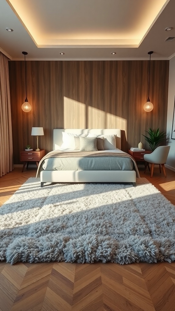 A stylish bedroom featuring a plush gray area rug over wooden flooring, with modern decor including a bed, side tables, and hanging lights.