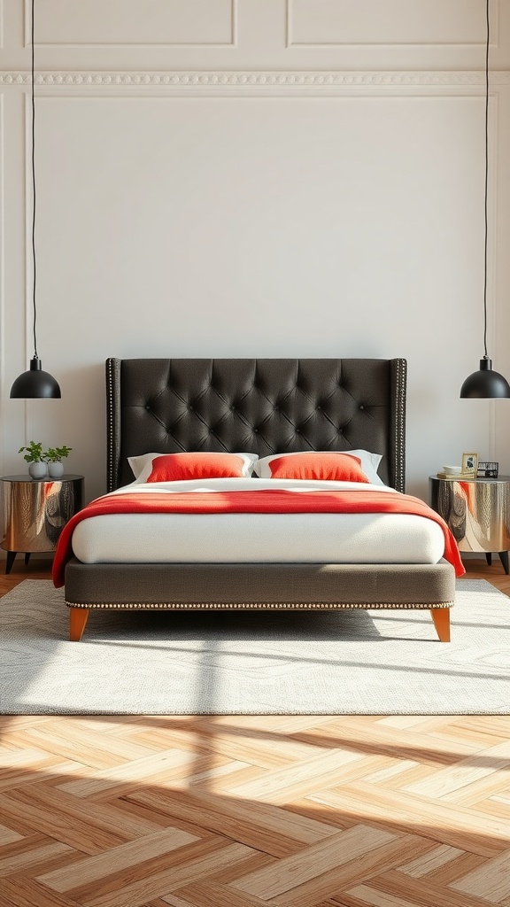 Stylish upholstered bed frame with red pillows and pendant lighting