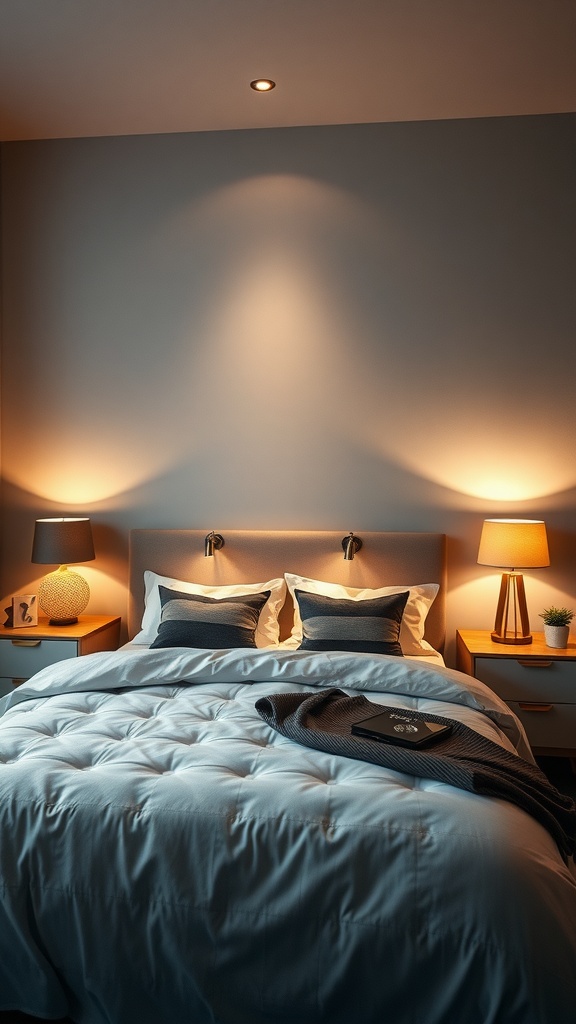 A stylish bedroom featuring elegant bedside tables with lamps and decorative items, creating a cozy atmosphere.