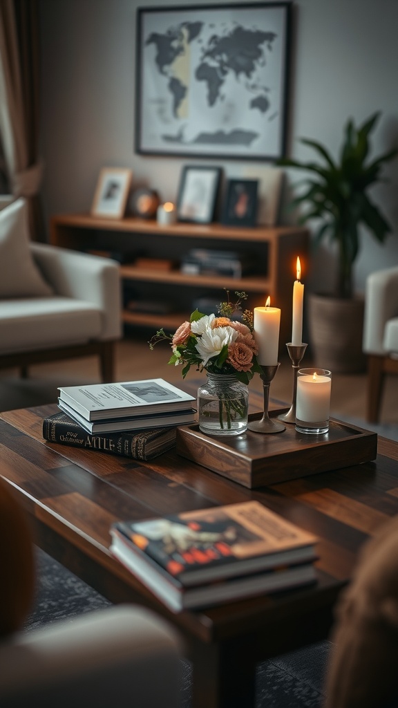 Cozy living room coffee table with books, flowers, and candles.