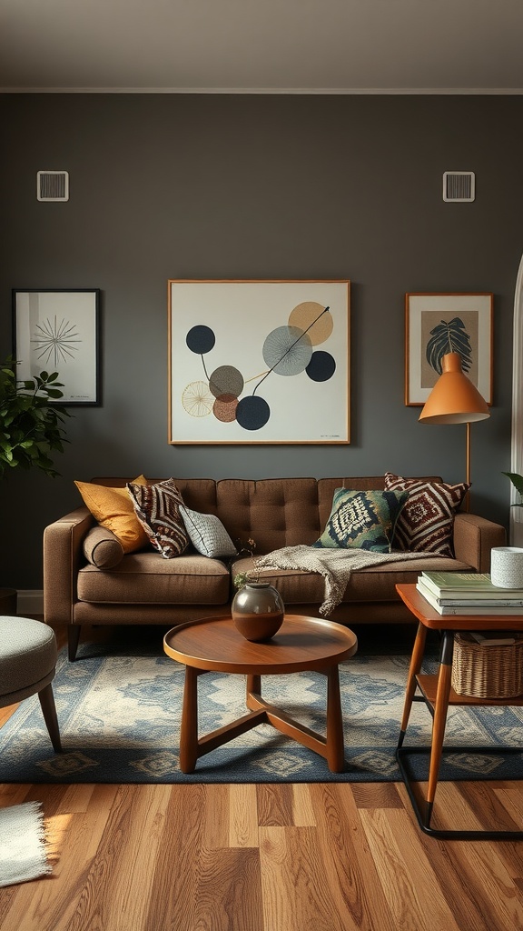 A cozy dark earthy living room with a brown sofa, patterned cushions, and modern wall art.