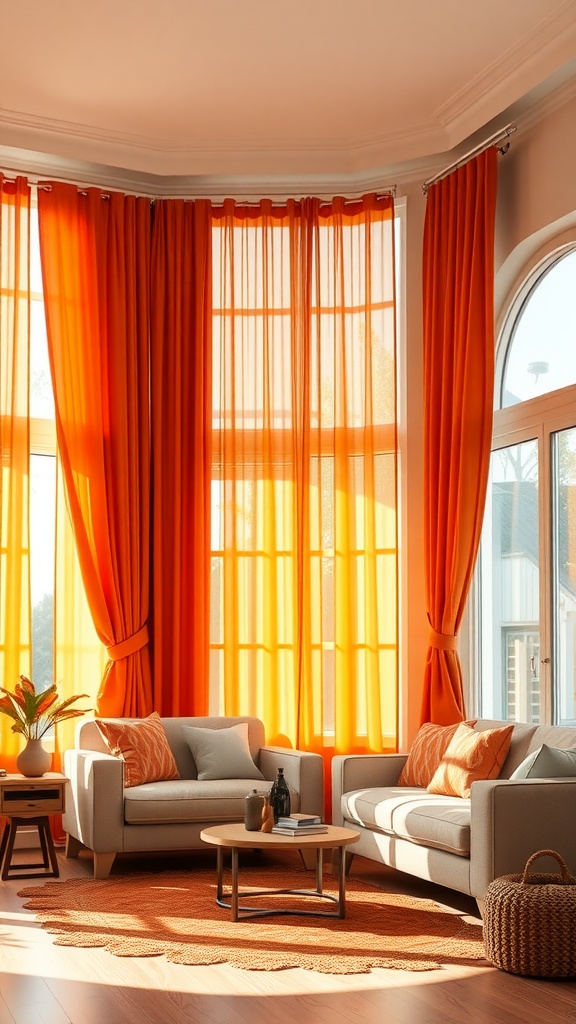 A bright living room featuring sunny orange curtains, gray sofas, and a circular coffee table, creating a warm and inviting atmosphere.