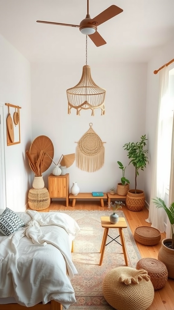 A boho bedroom featuring sustainable decor with woven baskets, wooden furniture, and plants.