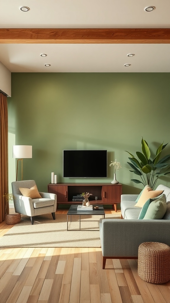 A cozy living room with green walls, natural wood accents, and stylish furniture.