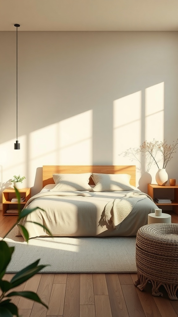 A bright and airy bedroom featuring wooden furniture, neutral bedding, and indoor plants.