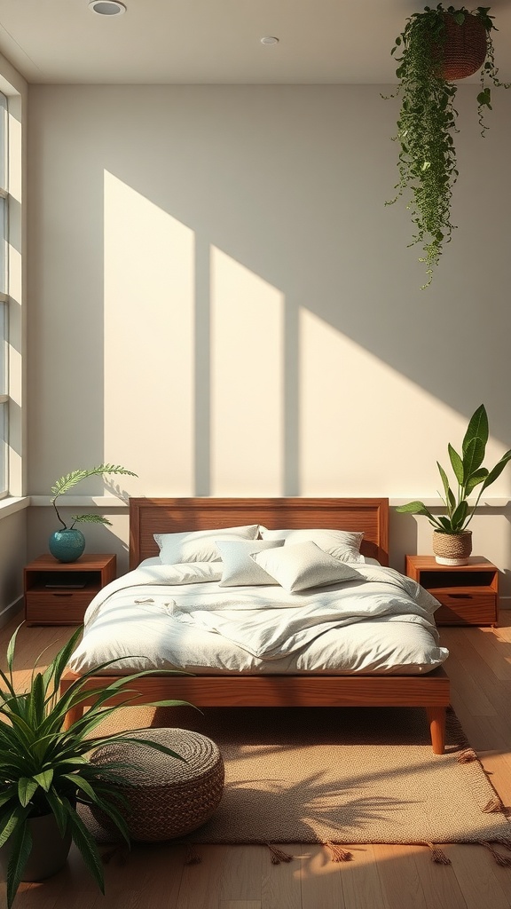 A bright bedroom featuring wooden furniture, plants, and natural light