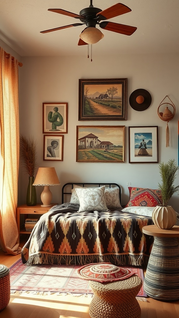 A cozy bohemian bedroom showcasing cultural decor with framed artwork and vibrant textiles.