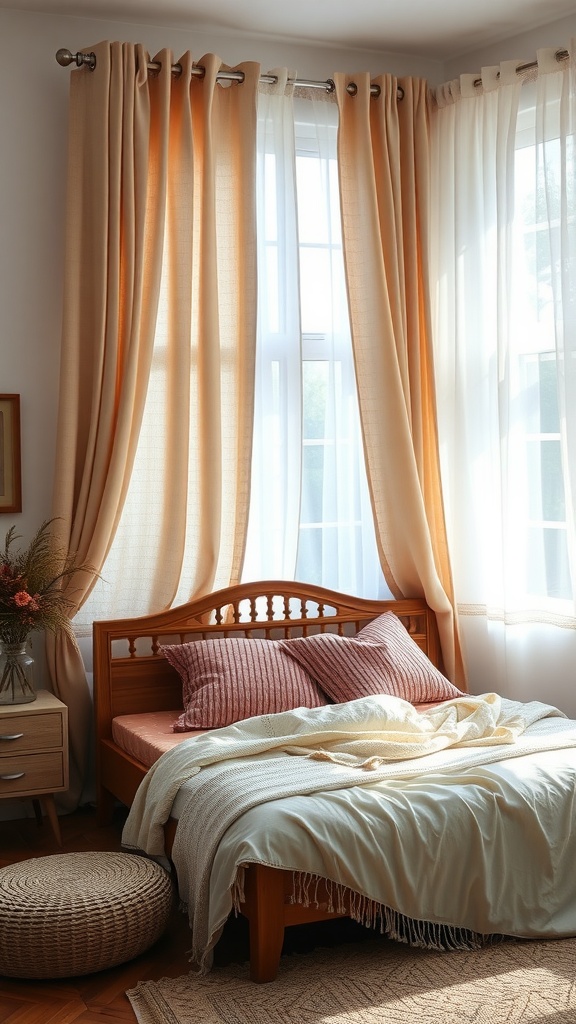 A cozy boho bedroom featuring textured curtains and drapes.