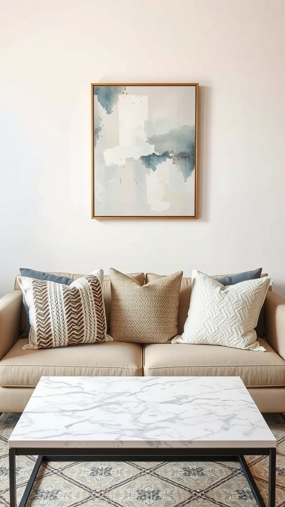 A collection of textured throw pillows on a couch, featuring various materials and colors.